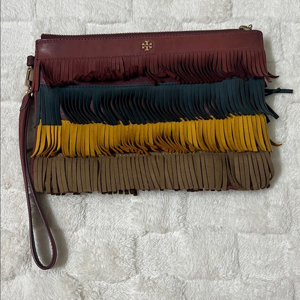 Burgundy Tory Burch color block fringe clutch
